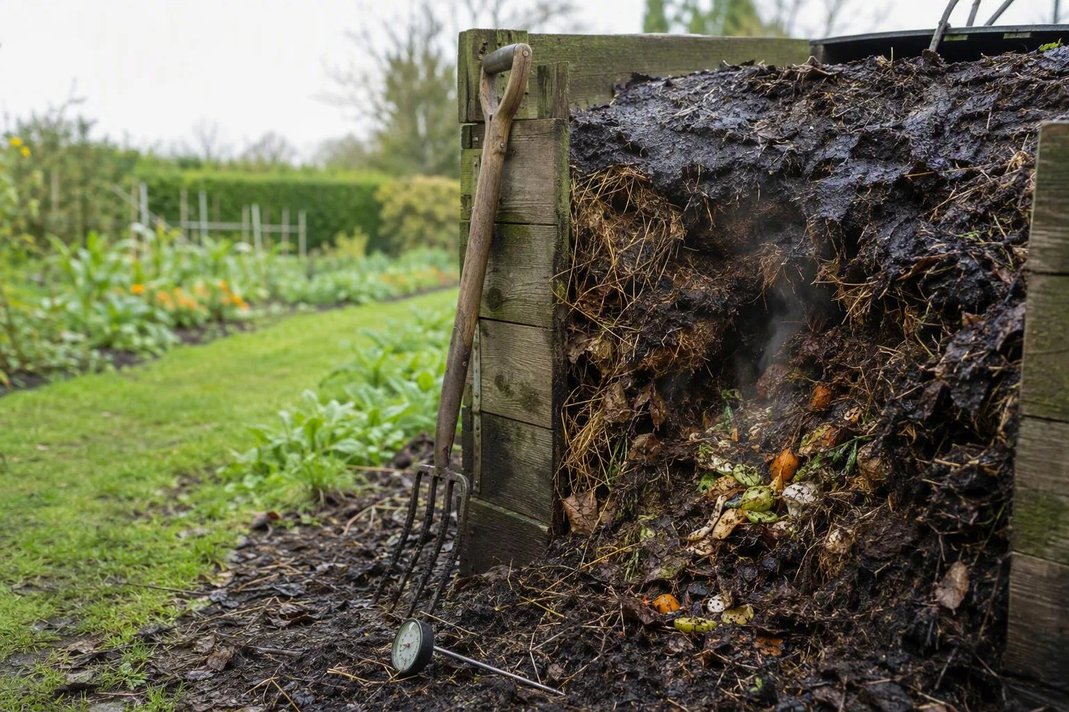 A damp crust splits open to reveal the loose, warm centre of a garden compost heap beside a fork and thermometer.