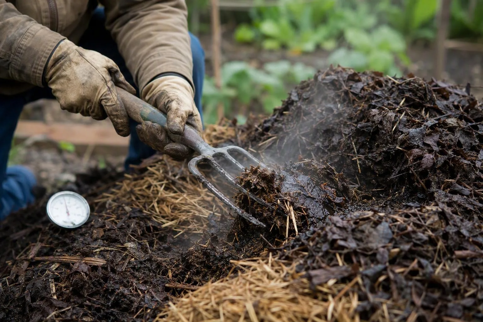 Gloved hands break up a wet compost clump and mix it with straw to restart decomposition.