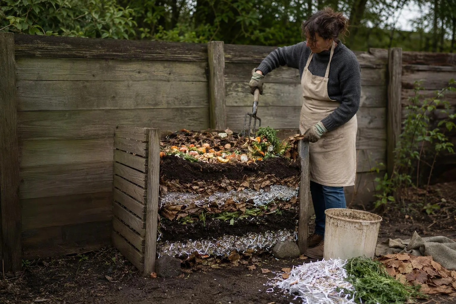 A gardener adds green scraps to a layered compost heap beside dry leaves and worn garden tools.