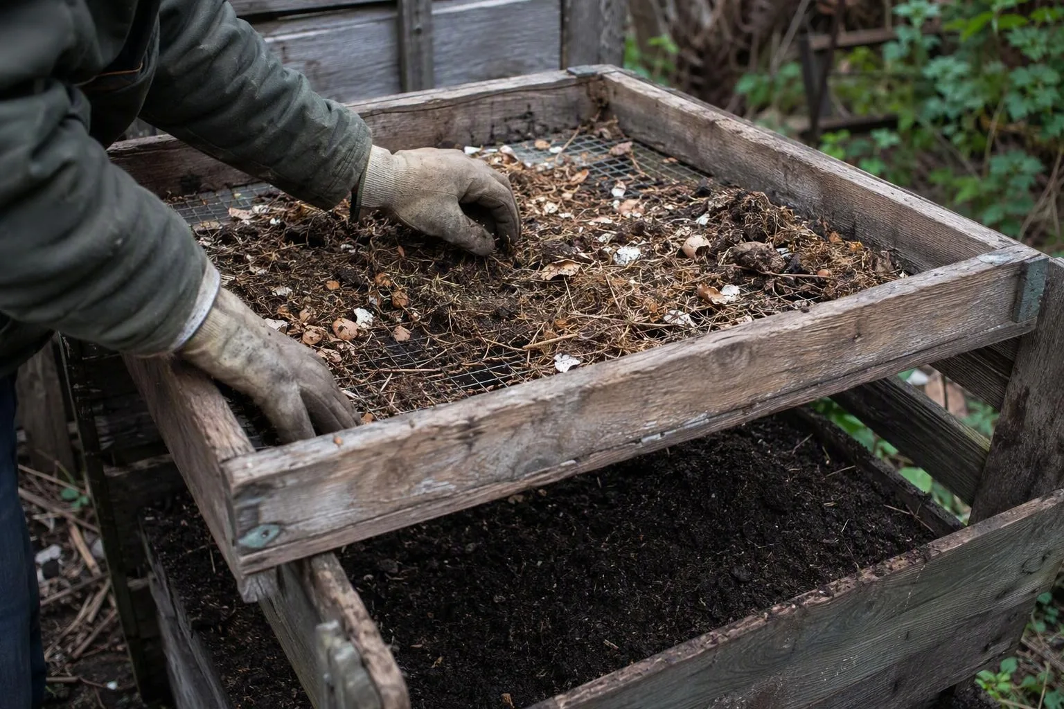 Gloved hands sift dark finished compost from coarse scraps that still need more time to break down.
