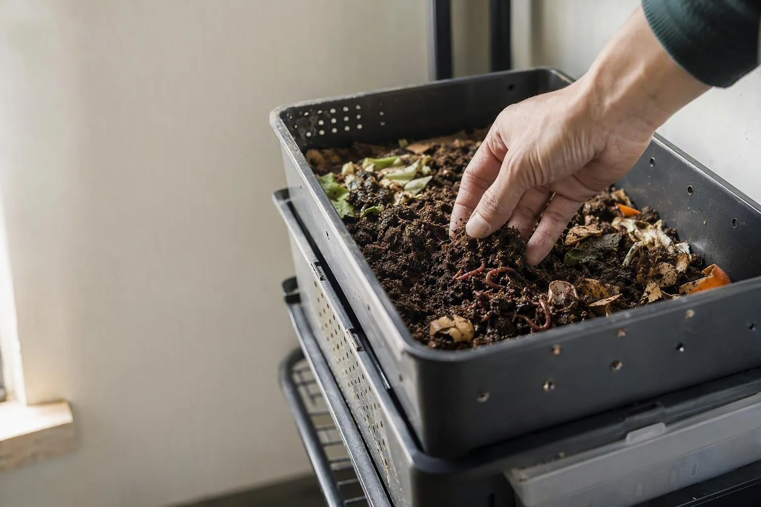 A hand checks red worms in loose bedding inside a shallow bin with ventilation and a drainage tray.