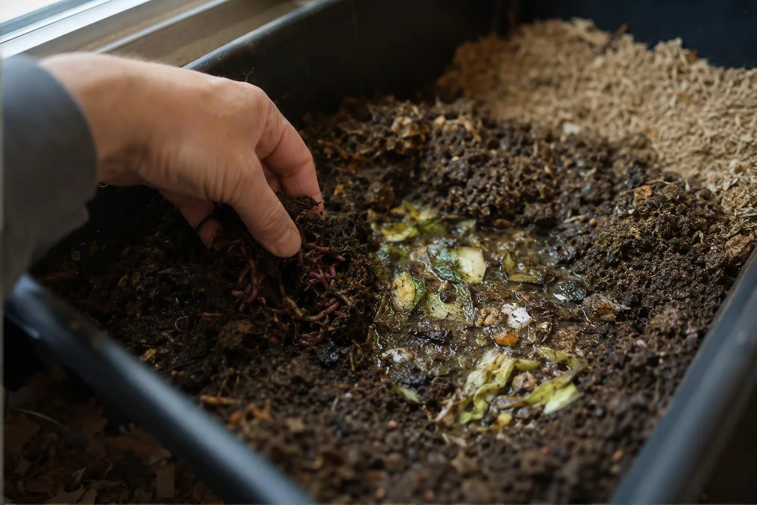 A hand checks worms beside wet and dry bedding in an open bin for signs of needed care.