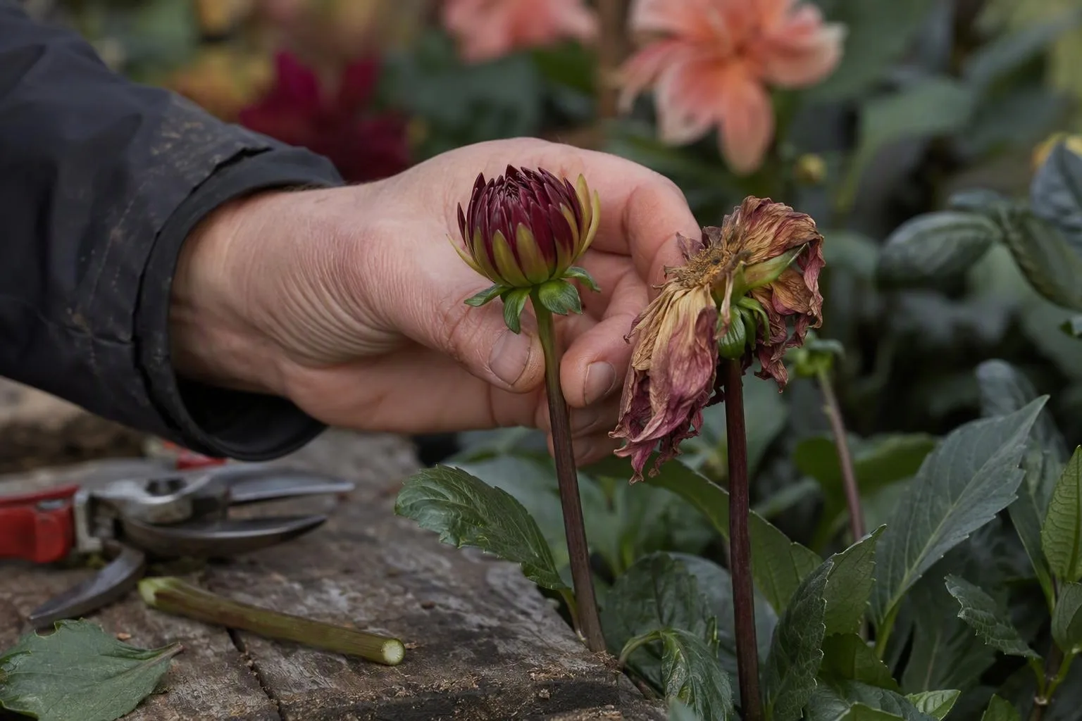 A gardener compares a firm unopened bud with a drooping spent dahlia before deciding where to cut.