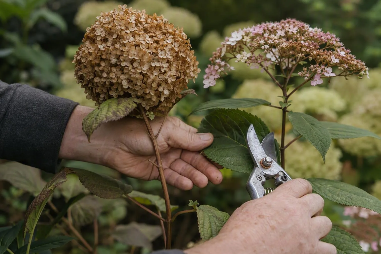 A gardener compares two flower shapes and leaf pairs before cutting a spent stem.