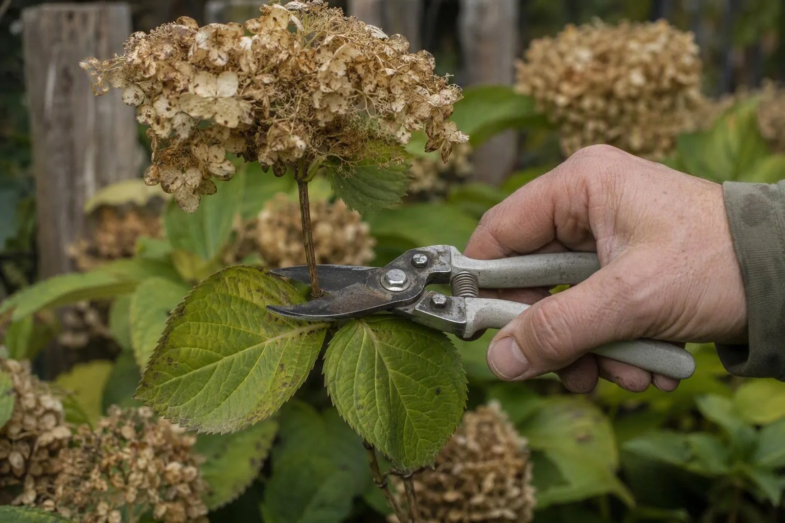 A hand positions bypass pruners just above a healthy leaf pair beneath a faded hydrangea bloom.