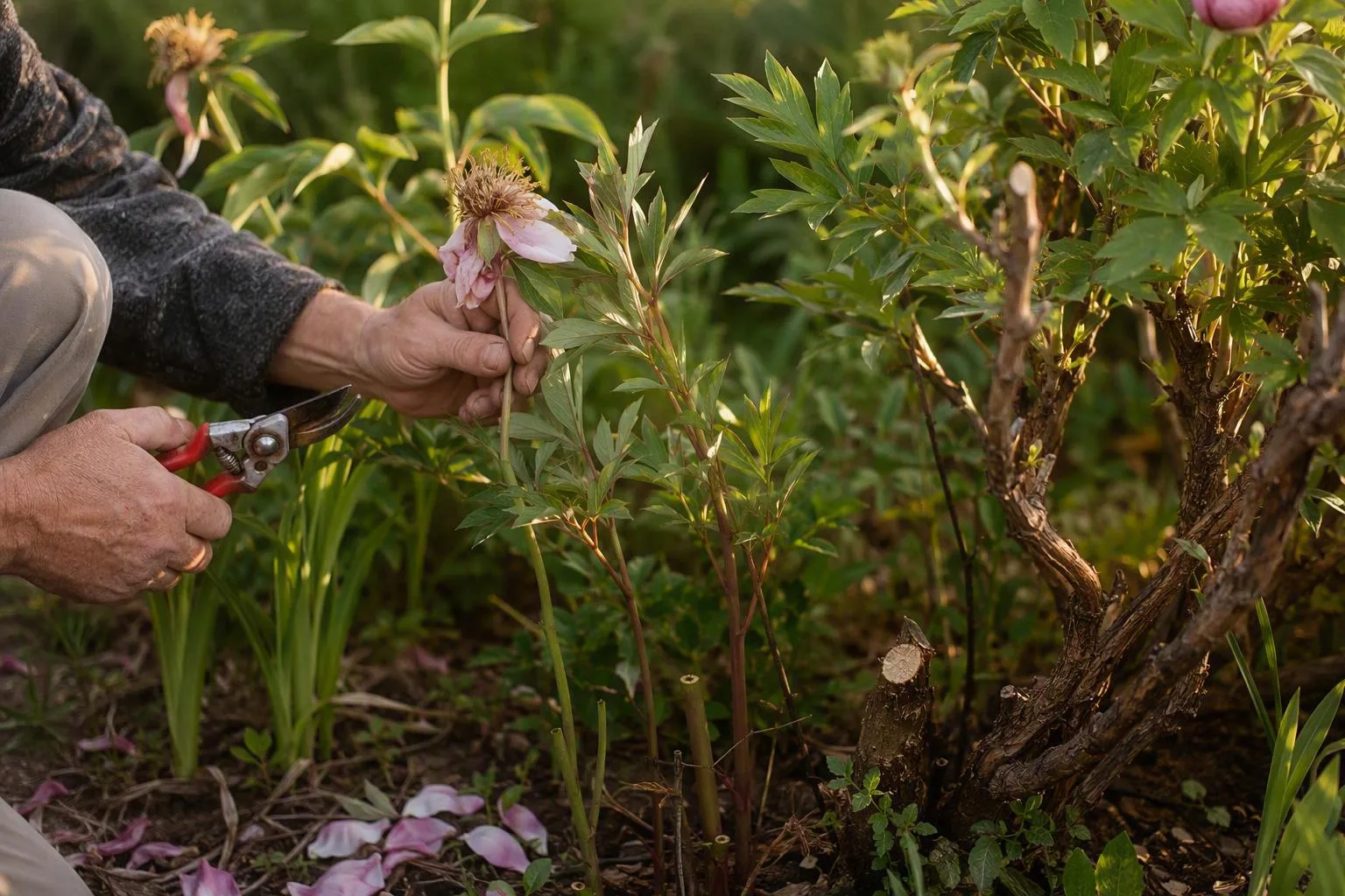 Three peony stem types sit beside a spent bloom and secateurs, showing where seasonal growth is cut back.