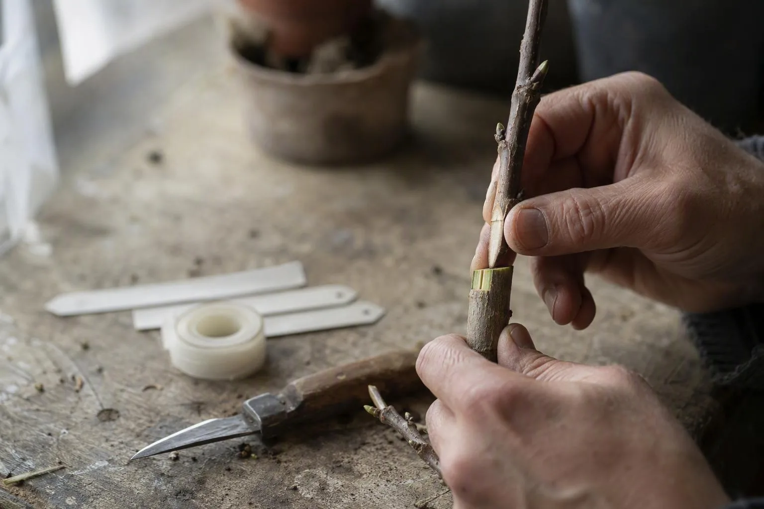 Hands align the green cambium edges of a fresh stem cut before wrapping the graft, showing what helps the union take.