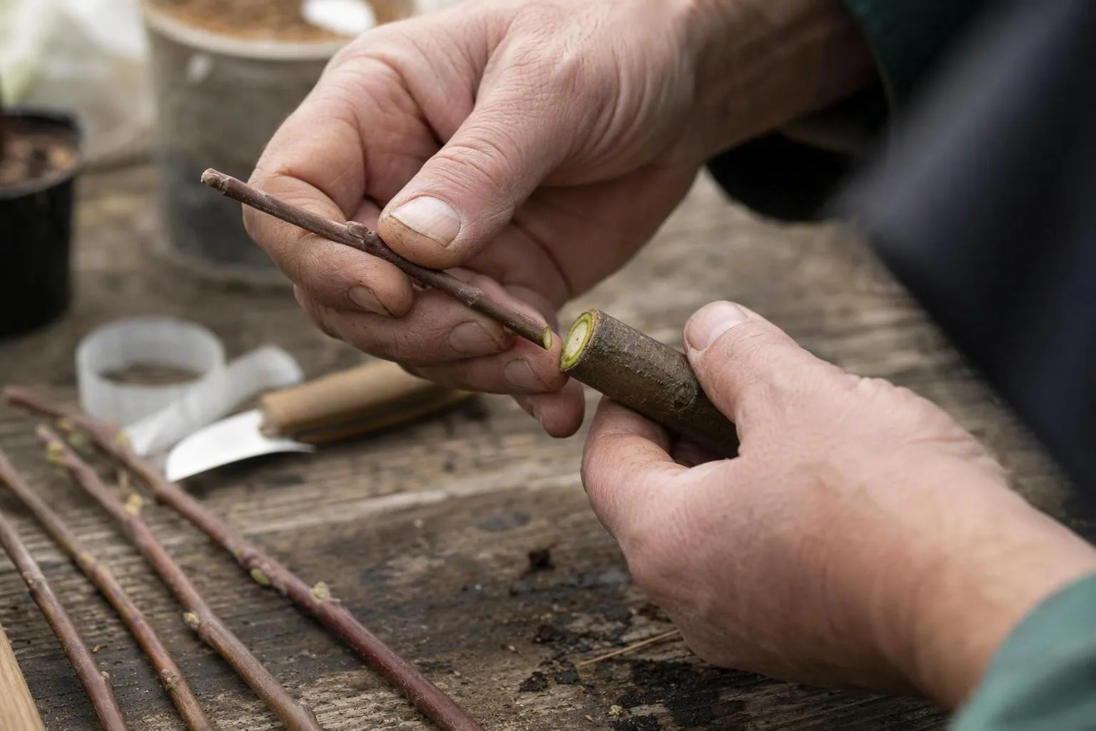 Hands align fresh green cambium on a dormant twig and growing rootstock before wrapping the graft.