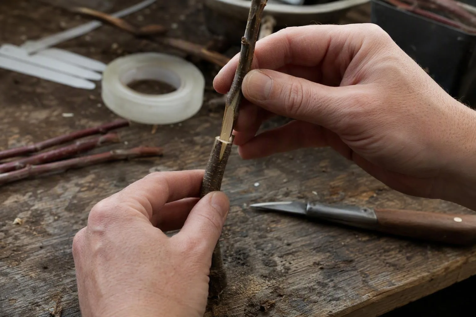 Hands align a thinner scion with a thicker rootstock, showing how one cambium edge meets before the graft is wrapped.