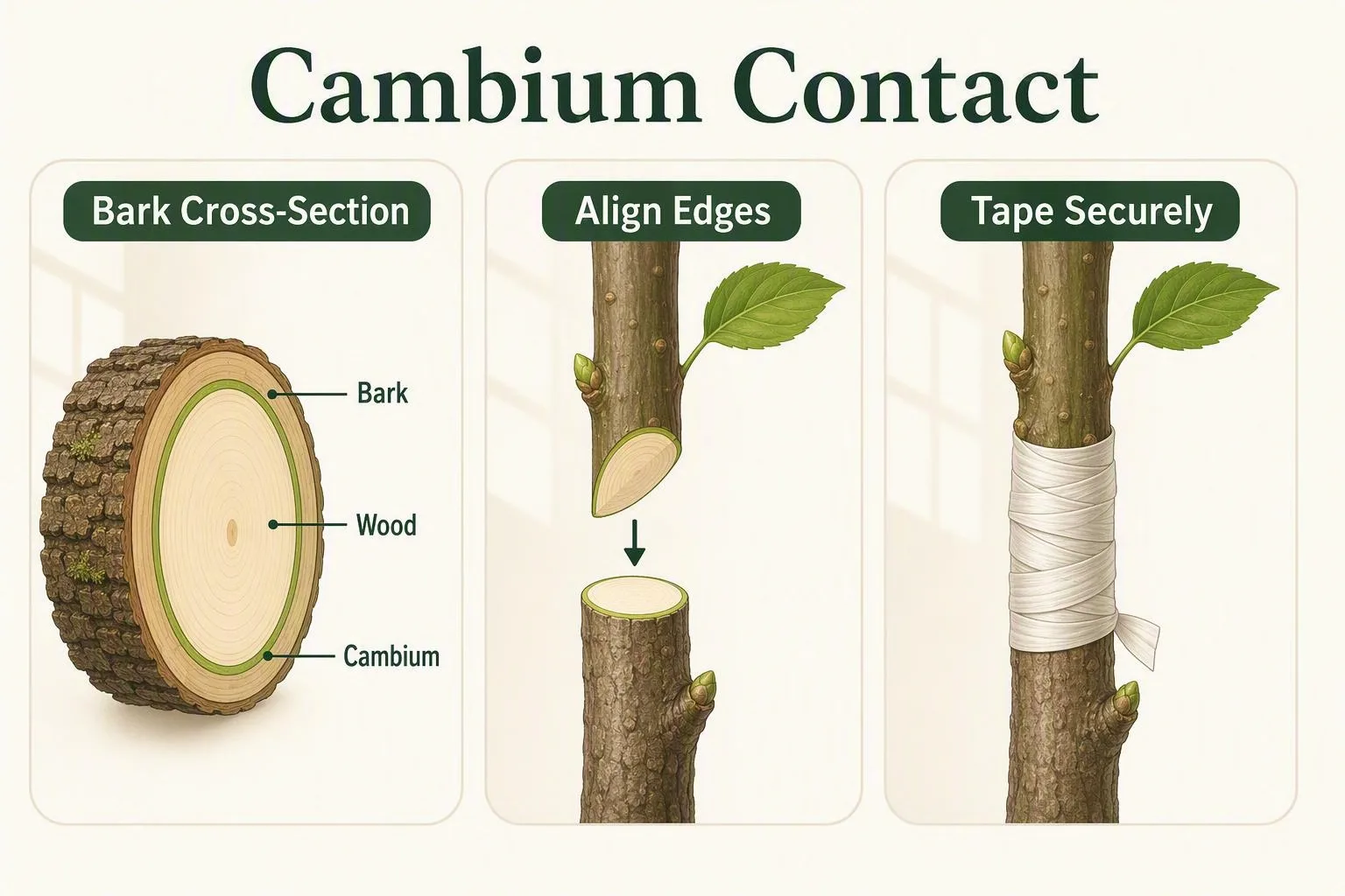 Three panels show the bark layers, matching cambium edges, and tape securing an apple graft.