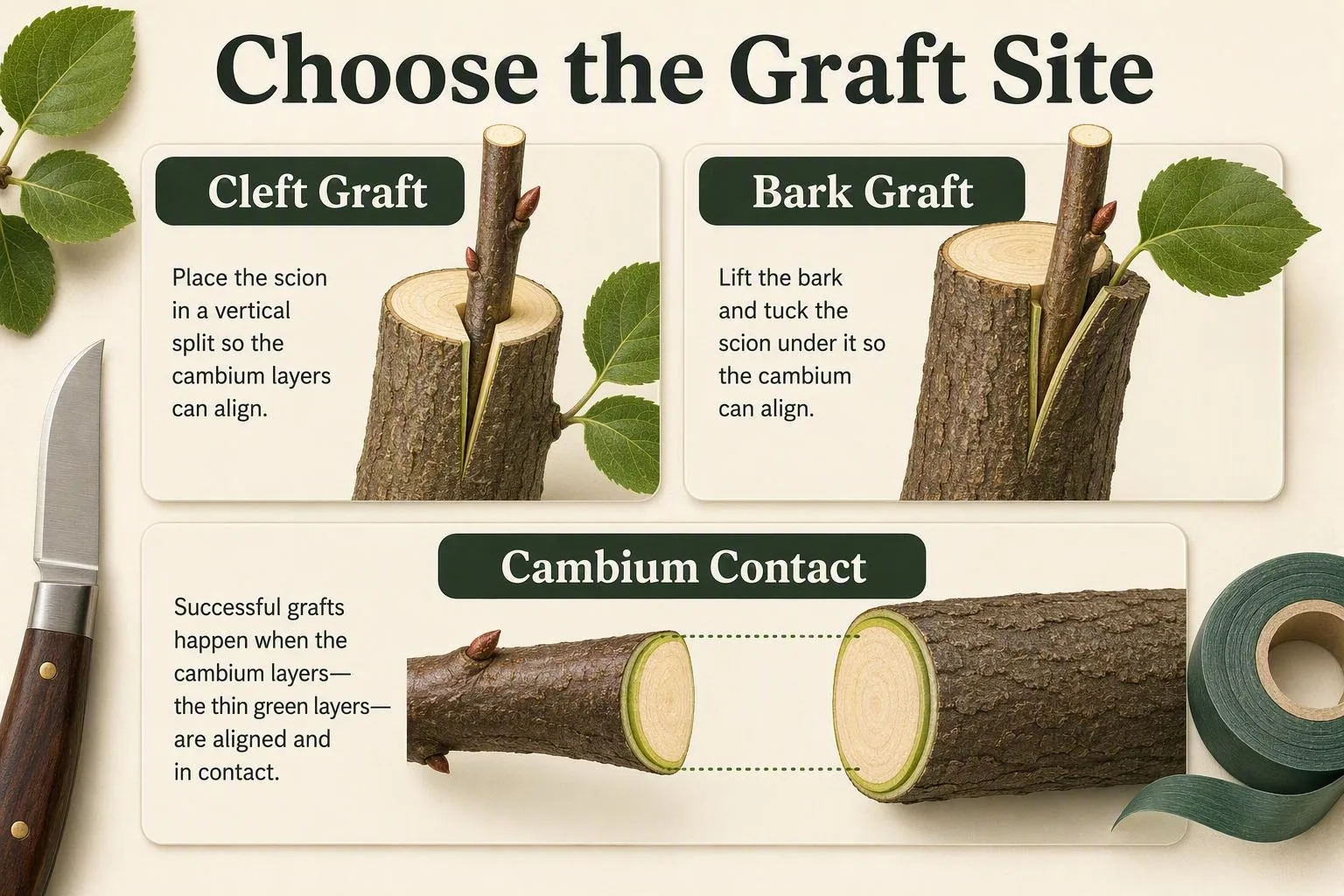 Diagram compares a cleft graft and bark graft, highlighting how matching cambium layers helps an apple scion join.