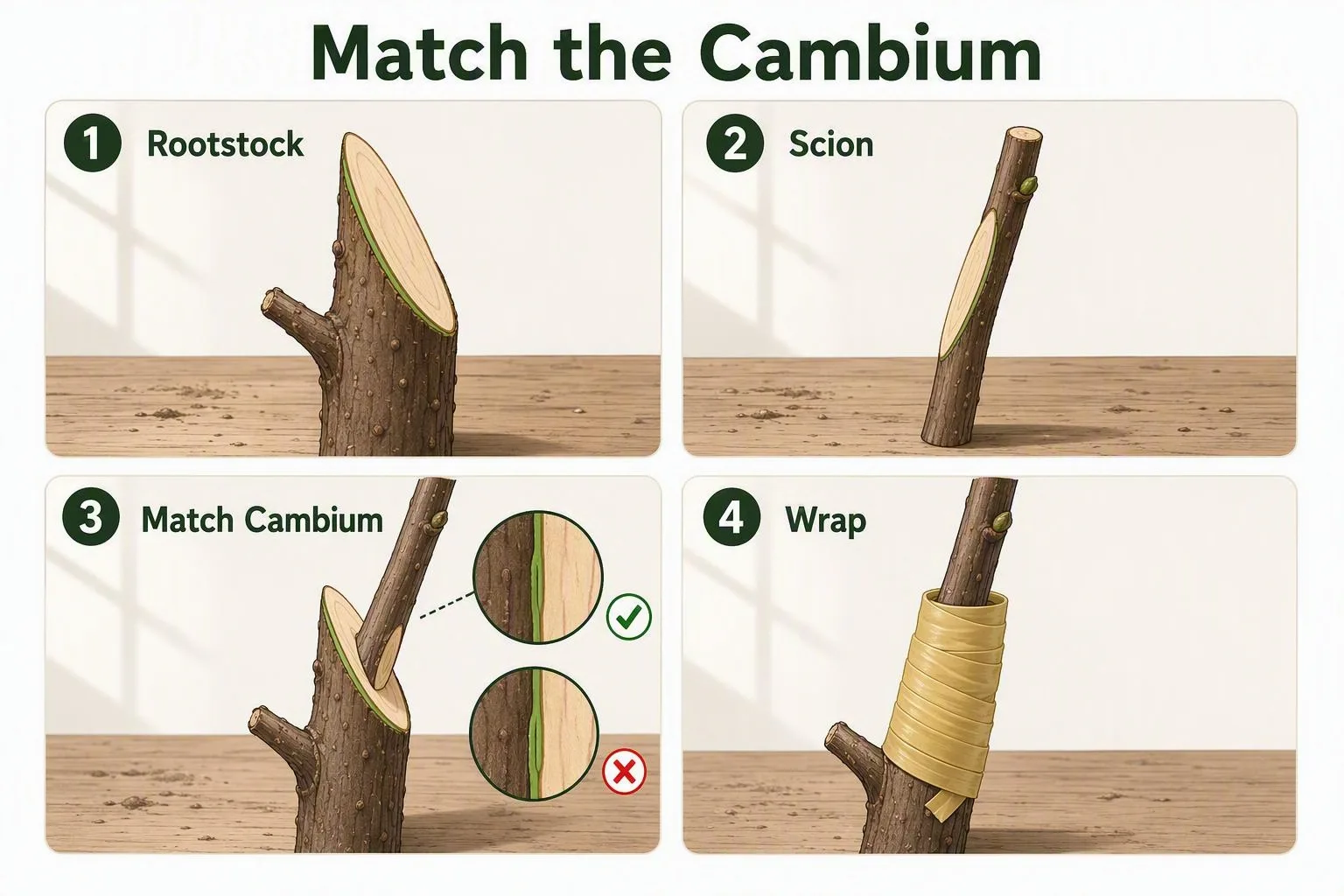Four panels show a beginner aligning the scion’s green cambium line with the rootstock before wrapping the graft.