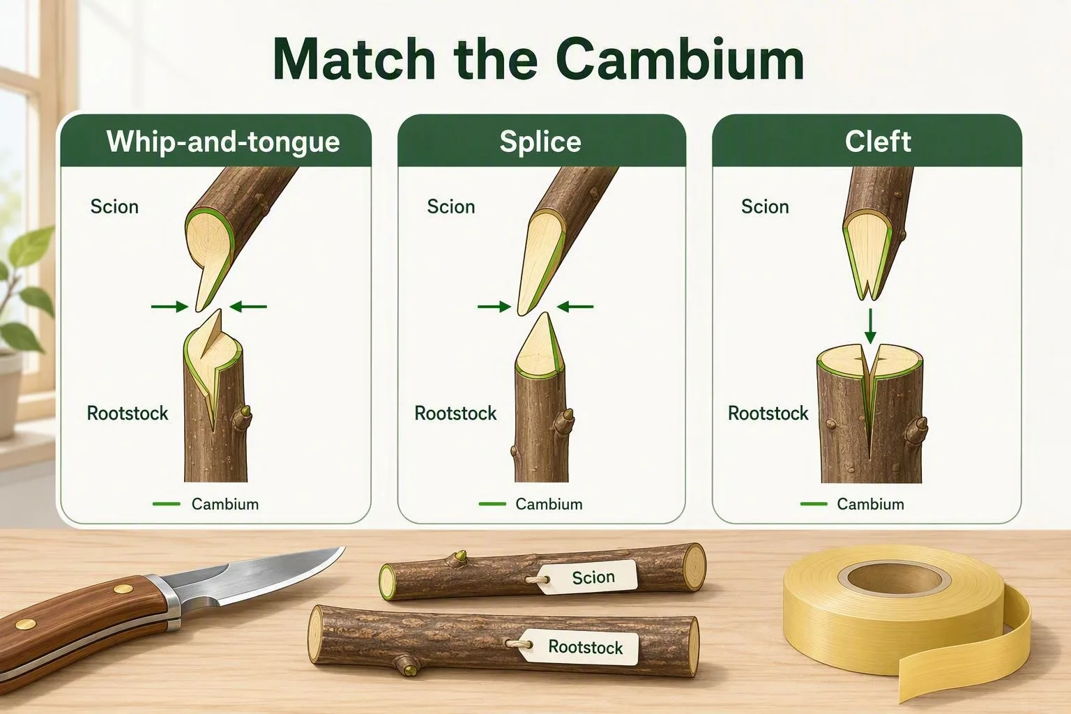 Three grafting methods compare cut surfaces and highlight the cambium contact needed for a successful beginner graft.