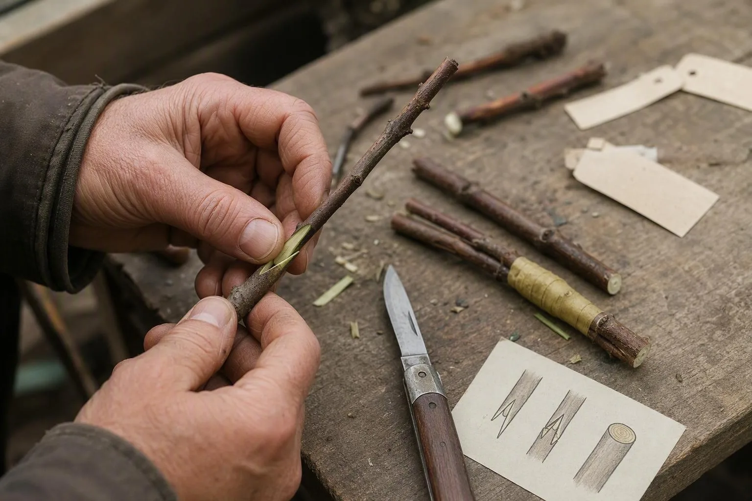 Hands align the green cambium on a fresh graft beside cut wood, tape, and a pruning knife.