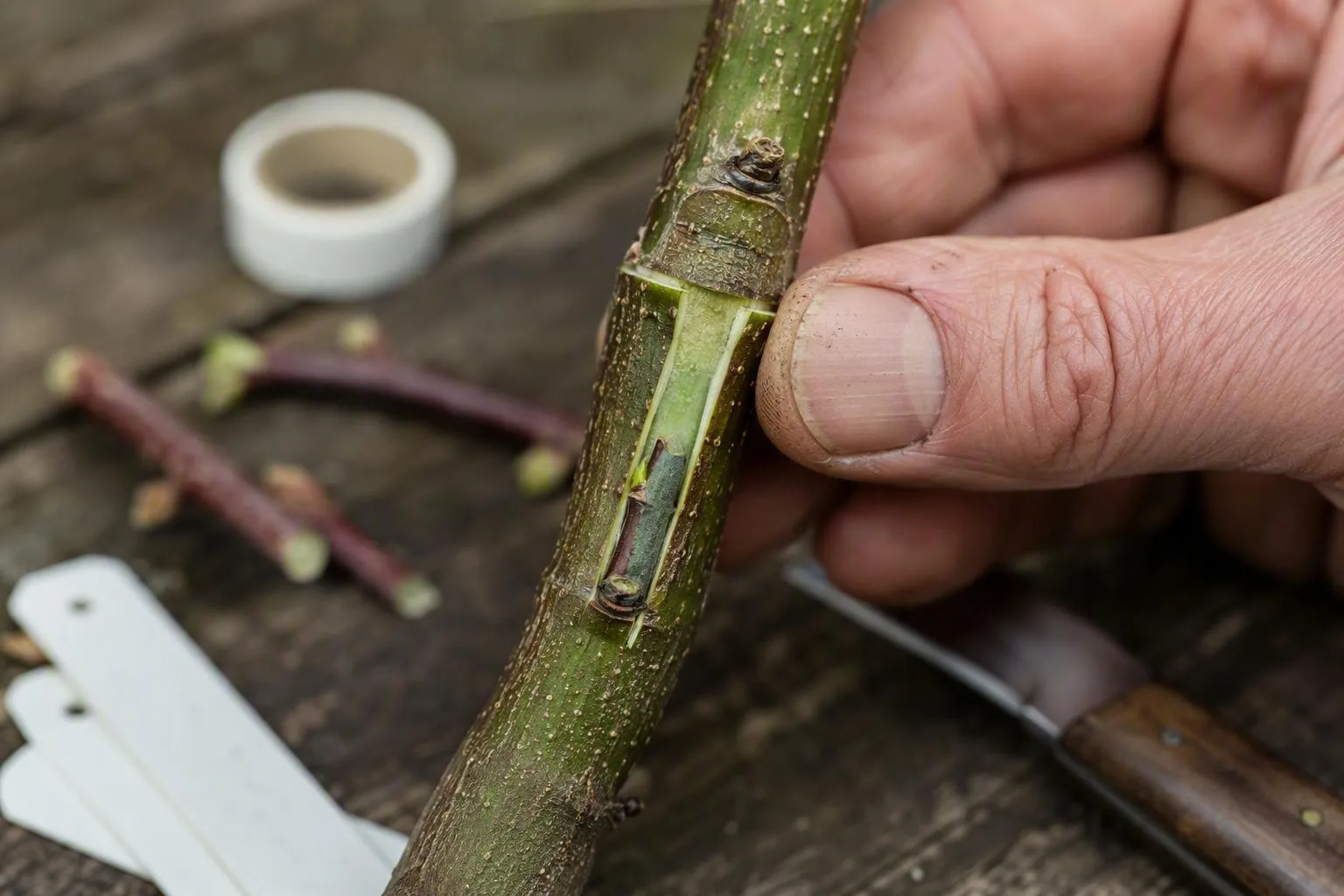 A mature bud sits beneath lifted bark on a living rootstock, showing a precise budding union.