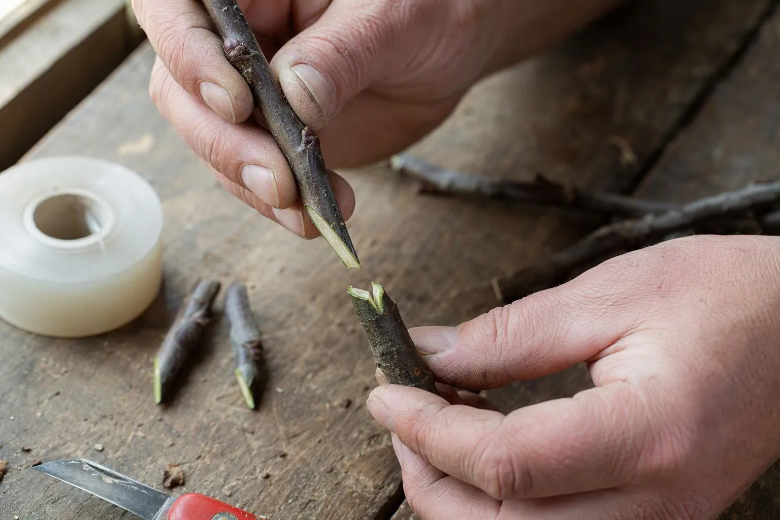 Hands hold a cut apple scion above rootstock, showing the bevel and shallow tongue before they are joined.