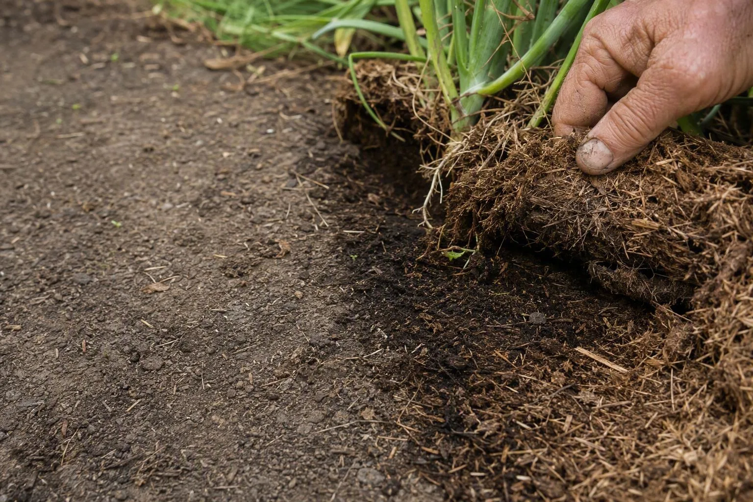 Wood chips form an even layer above dark soil, with a clear gap around a plant stem.