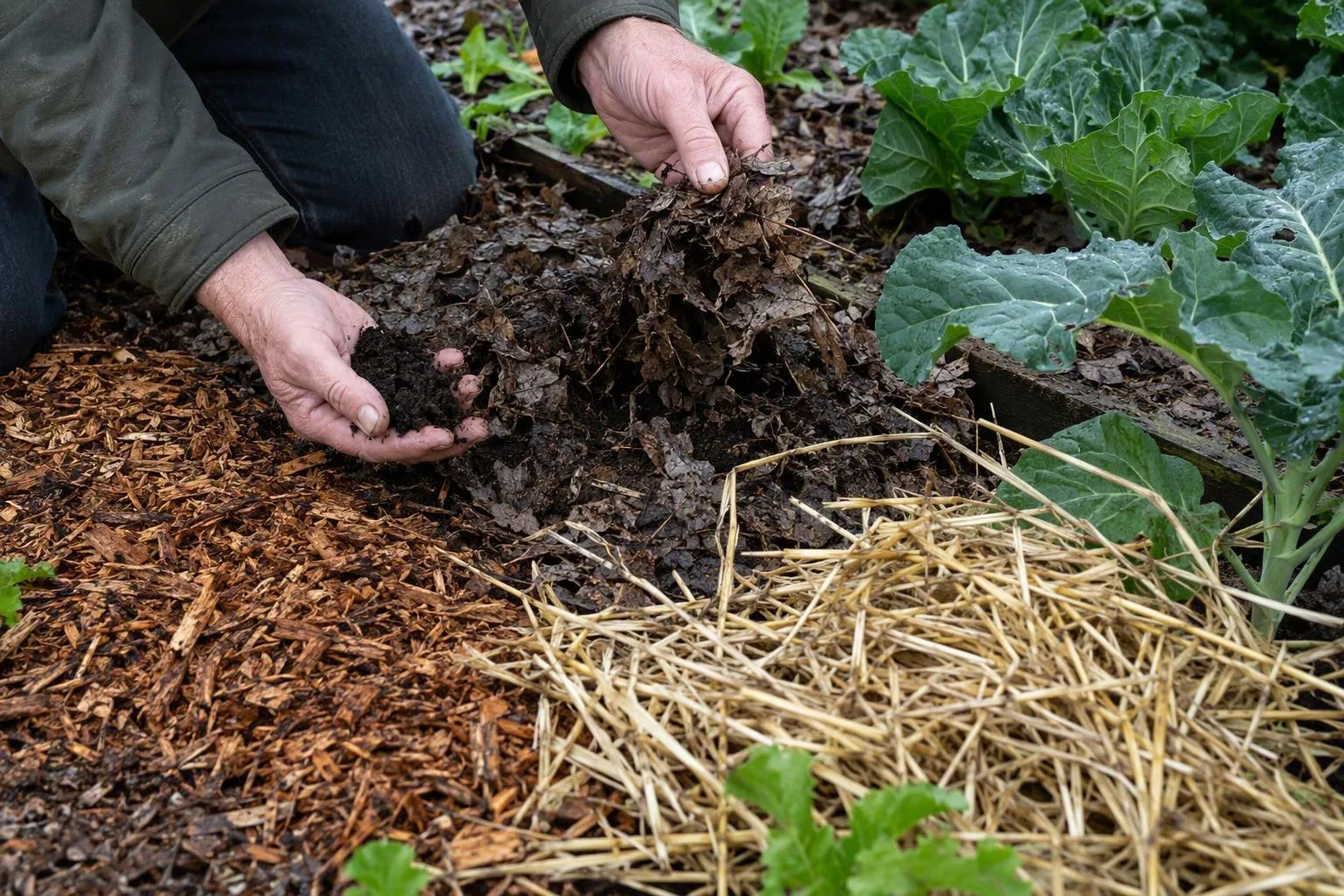 Fresh pale wood chips sit above a darker decomposed layer and moist soil.