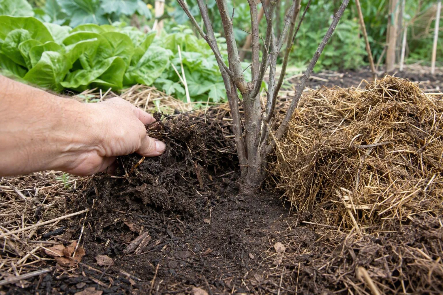 A hand lifts a slick matted layer of wet mulch above the soil surface.