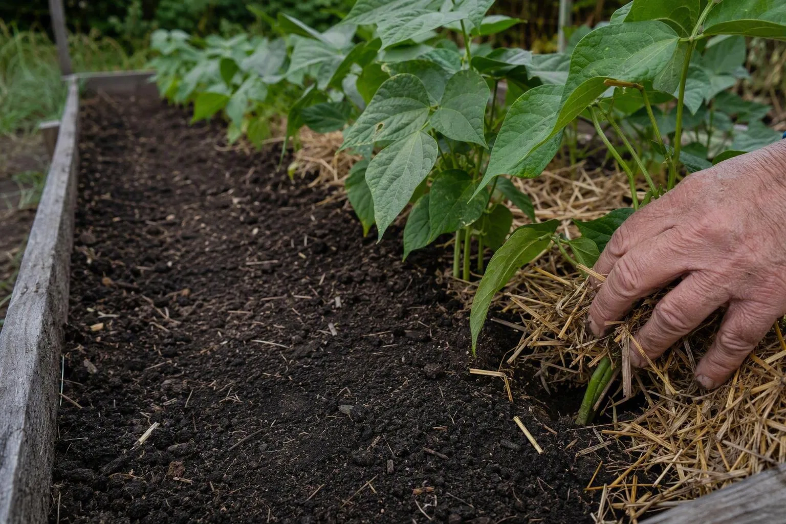 A hand spreads loose straw around bean plants while leaving soil visible between their stems.