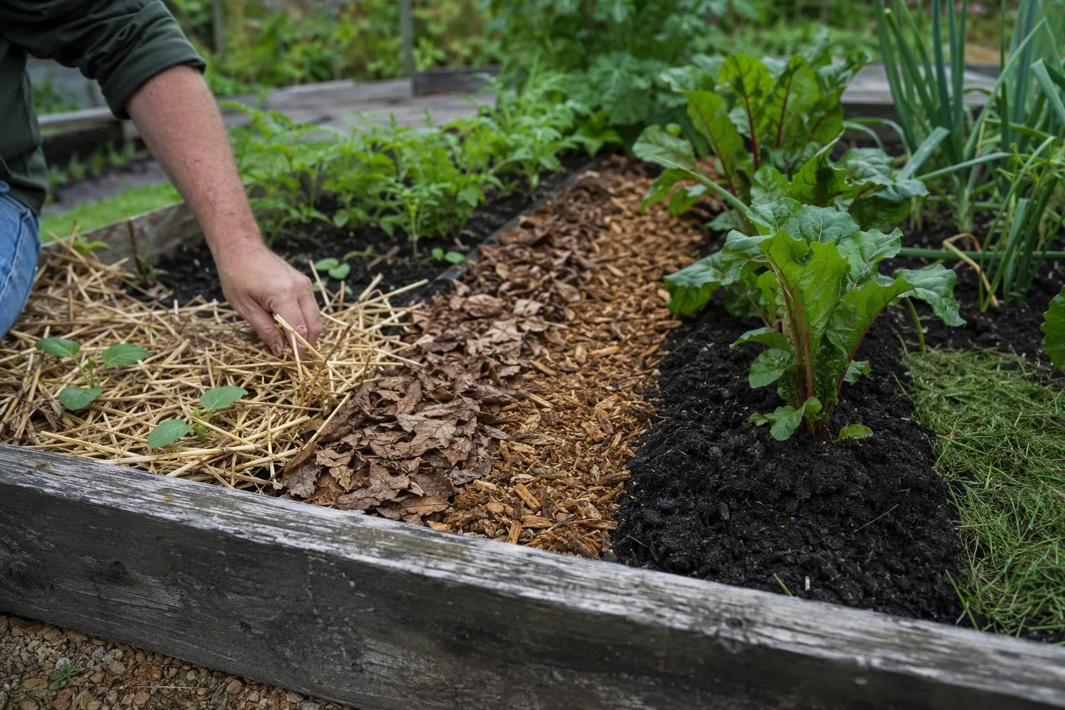 Five mulch textures sit beside a raised bed, showing how each material suits a different garden area.