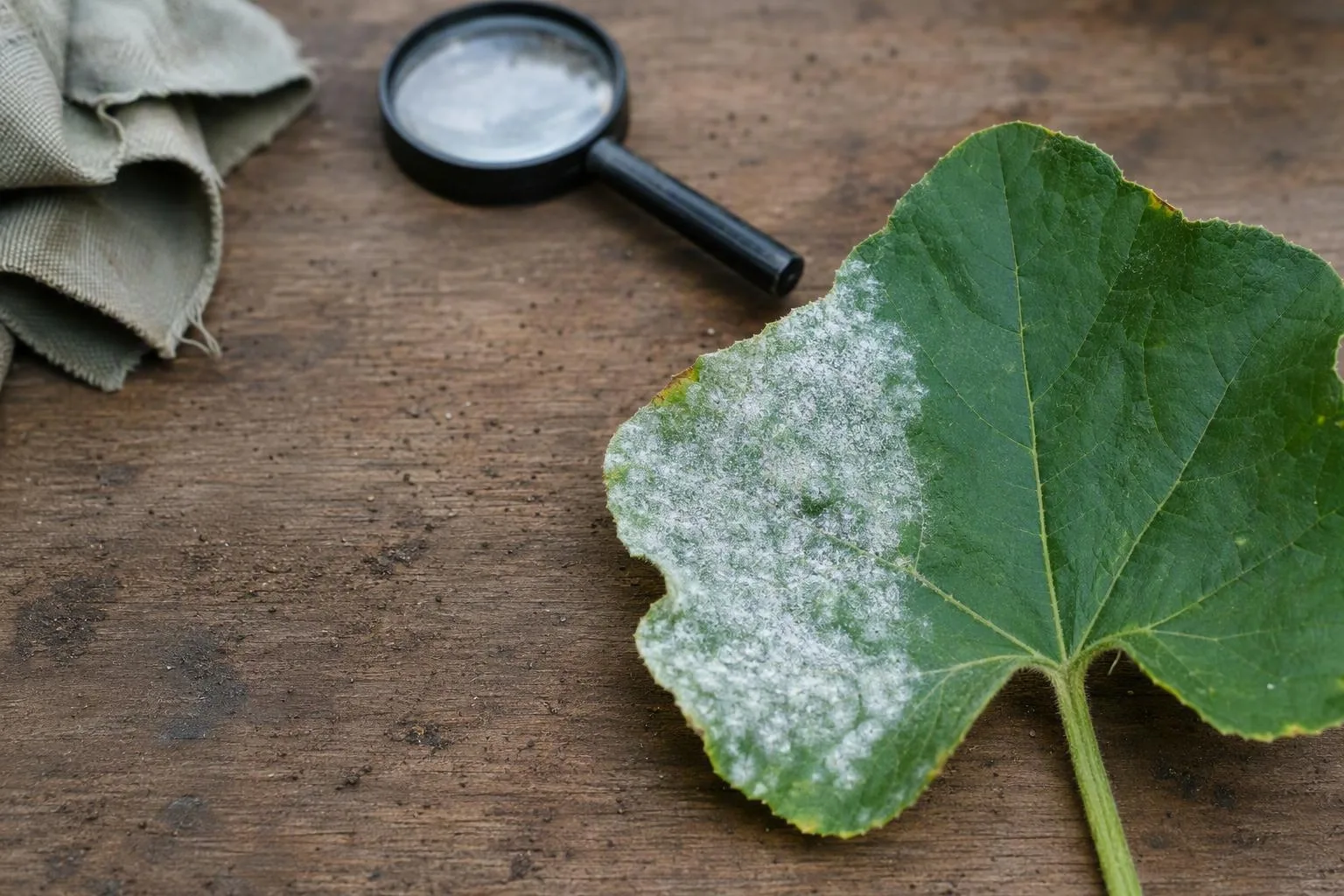 A green leaf shows a white powdery patch beside clean tissue, illustrating the key signs to check before spraying.