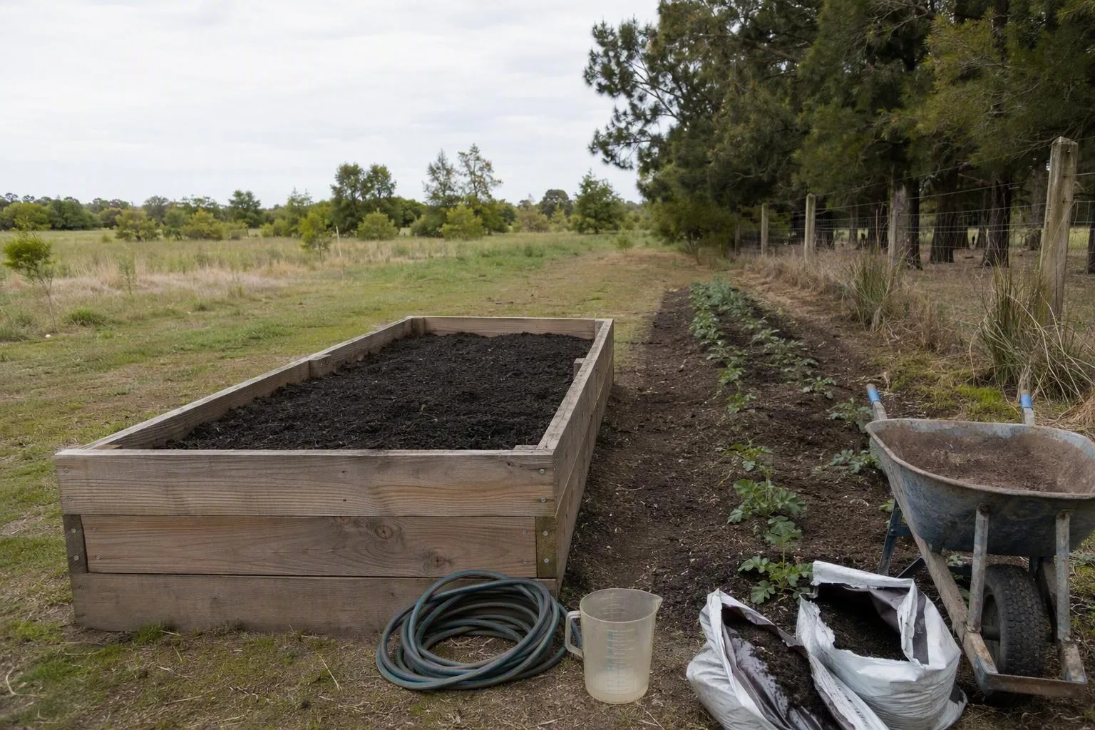 A raised bed and a ground-level row sit beside watering supplies, making their setup costs easy to compare.