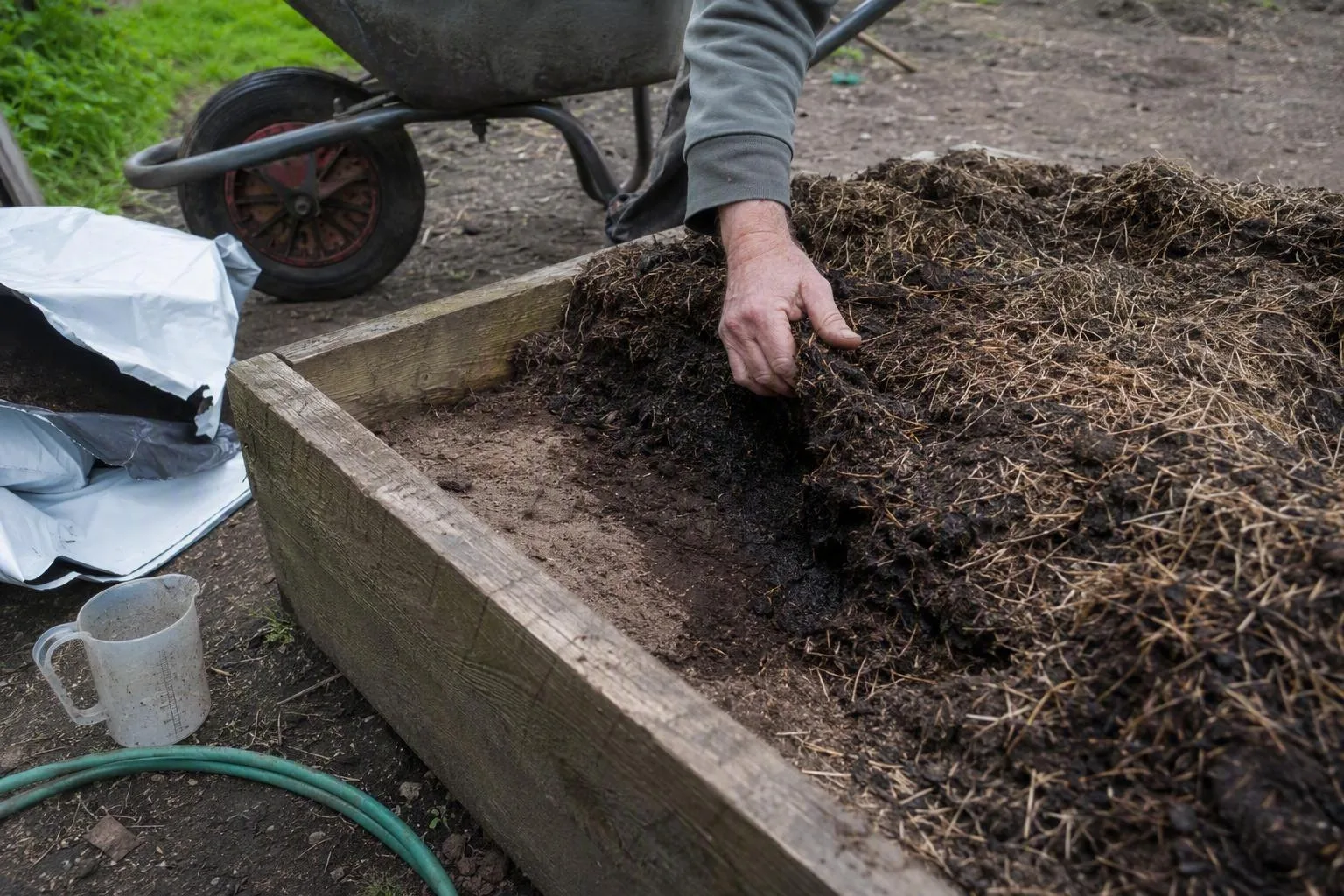 A hand lifts mulch to show damp soil beside the dry edge of a garden bed, illustrating different watering needs.