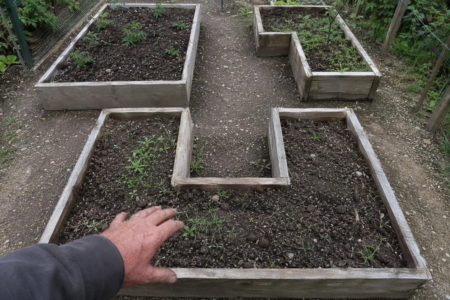Two rectangular vegetable beds separated by a clear central path and expansion space
