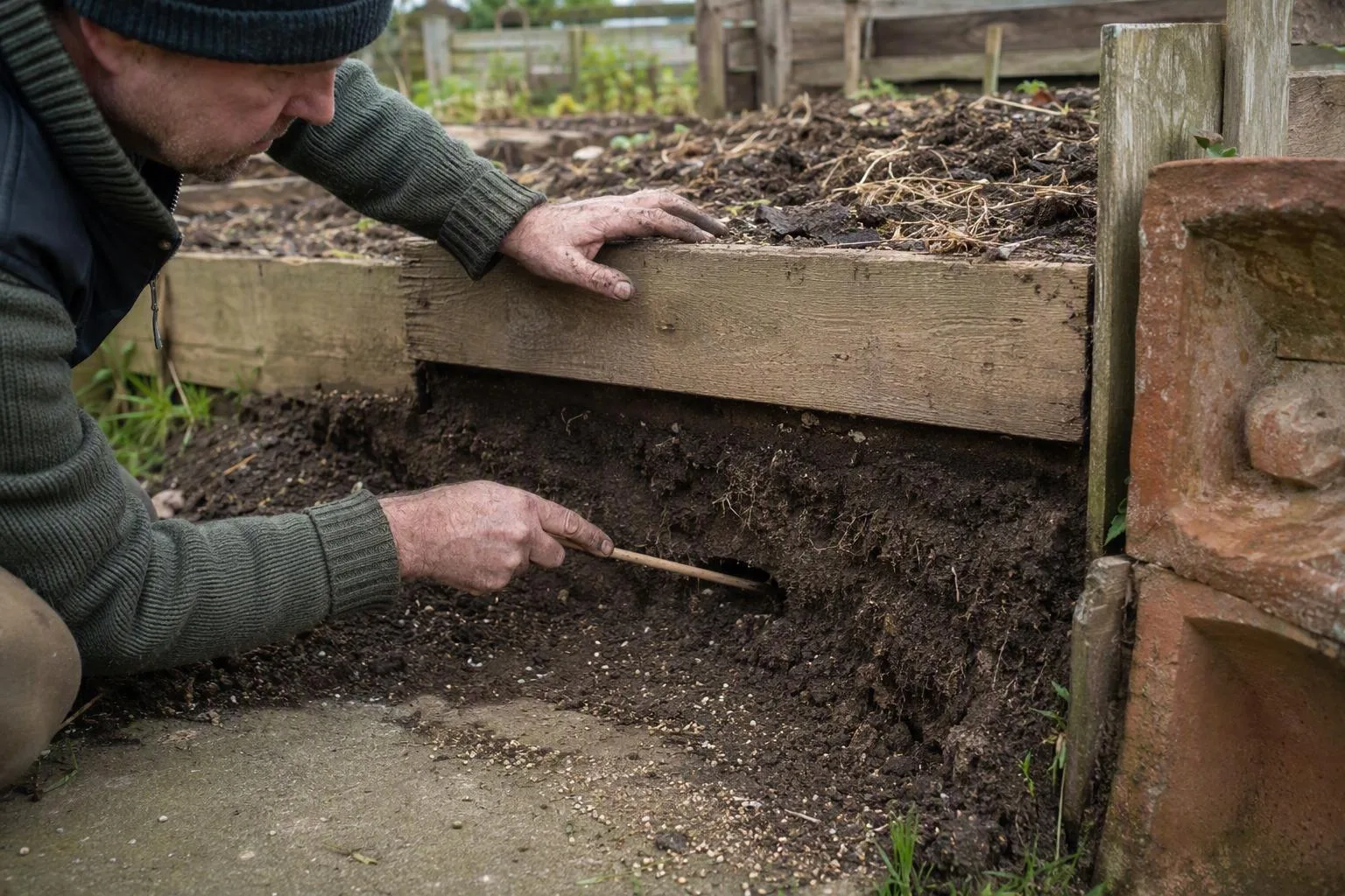 Three views of one raised bed show fresh fill, a lower settled soil level, and a thin compost top-dressing.