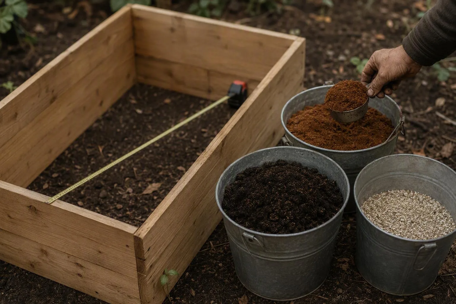 A tape measure spans an empty raised bed beside buckets of soil components and a level measuring scoop.