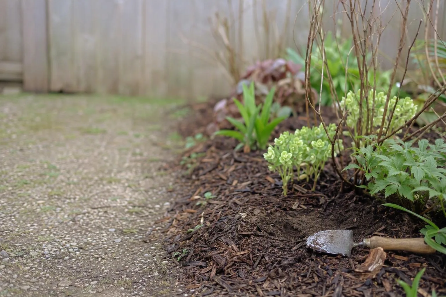 A mixed garden bed shows thin mulch, open stem bases, and visible soil for checking plant health.