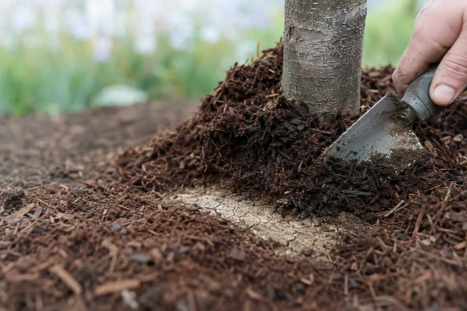 A hand pulls mulch from a tree trunk, exposing bark damage and a dry ring of soil around the base.