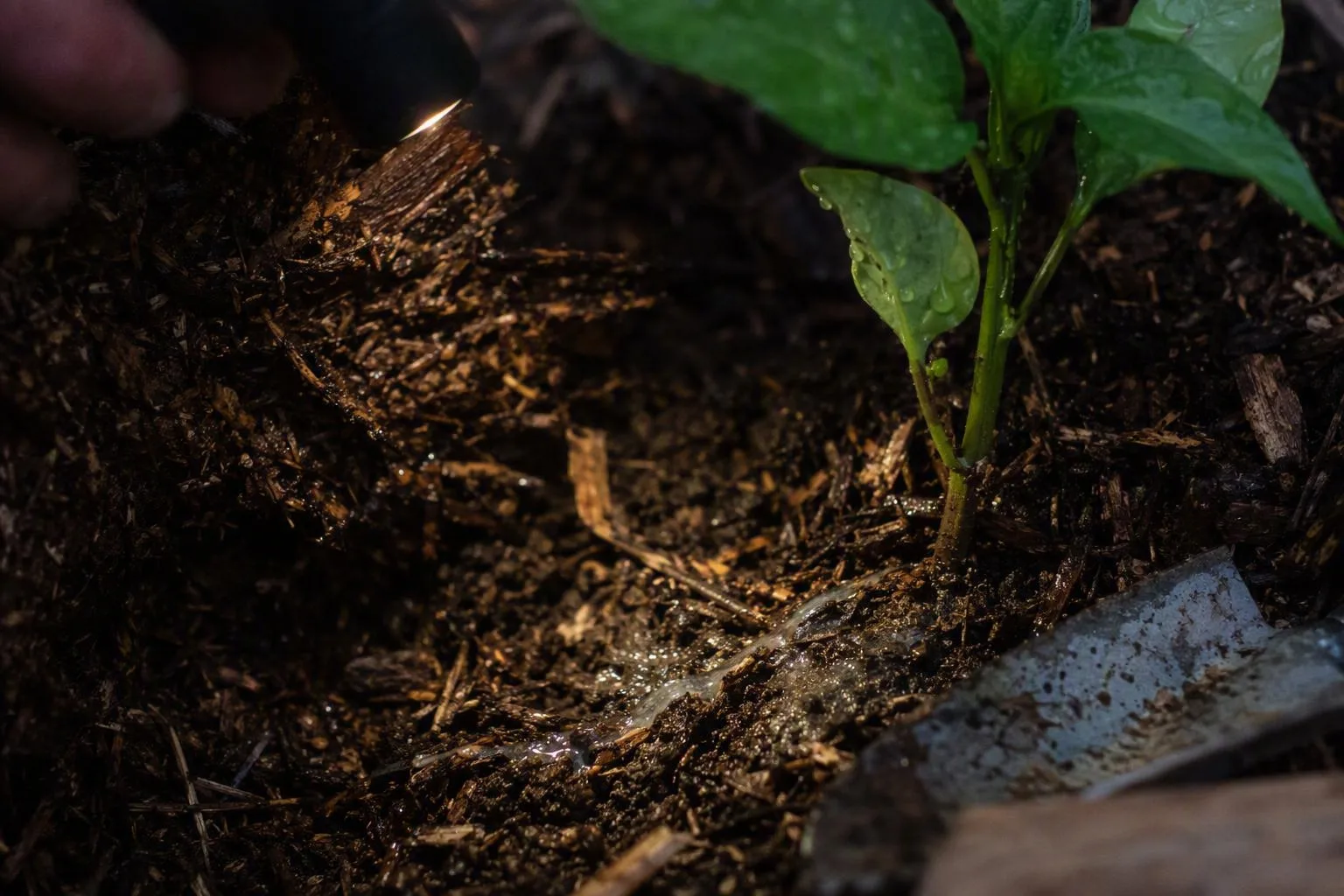 A torch reveals a slug trail beside a plant beneath damp mulch during an evening garden check.