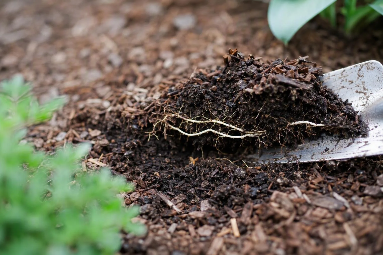 A lifted mulch layer reveals damp soil and roots spreading through the surface.