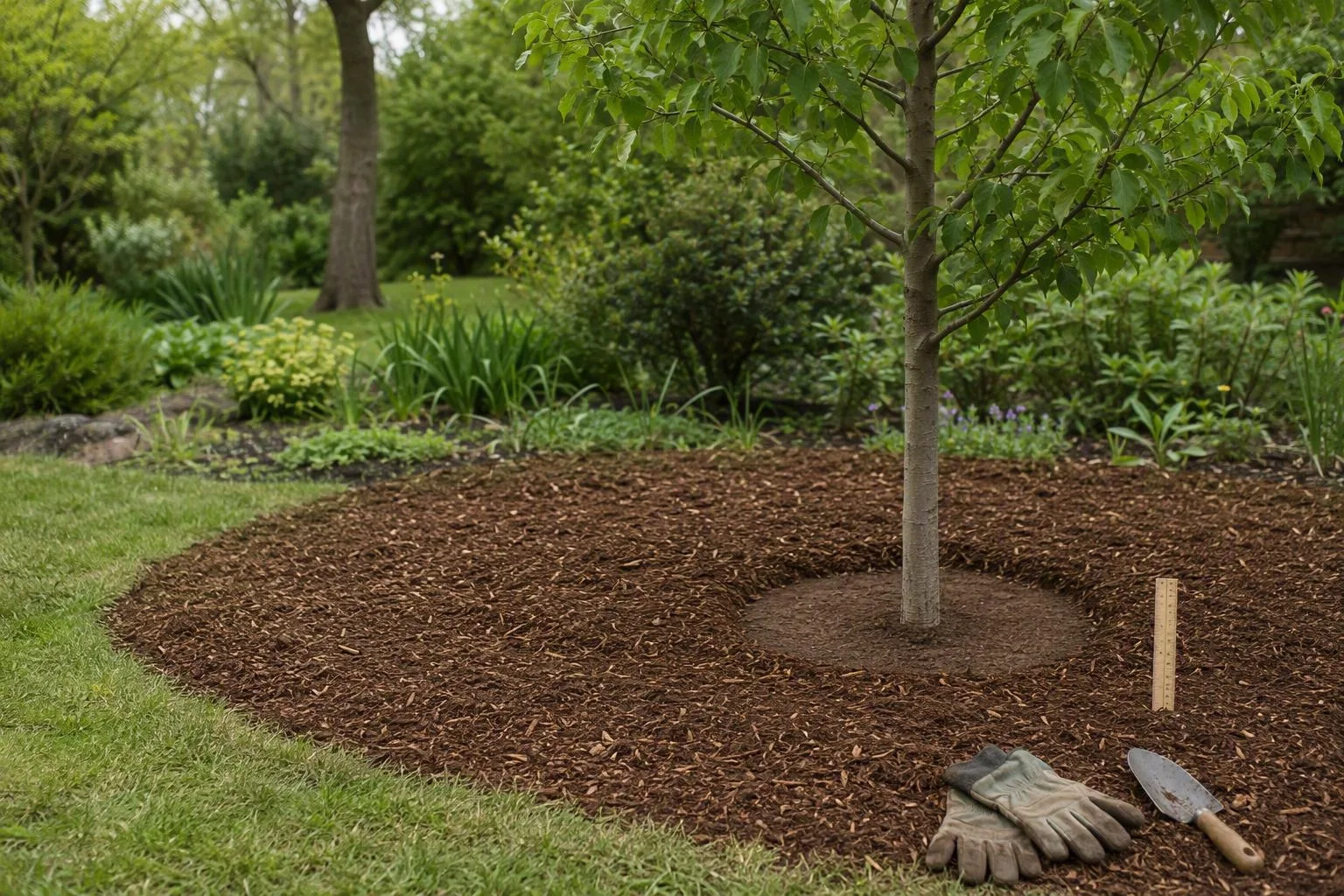A young tree has a measured mulch ring with a bare trunk collar and ruler showing the recommended depth.