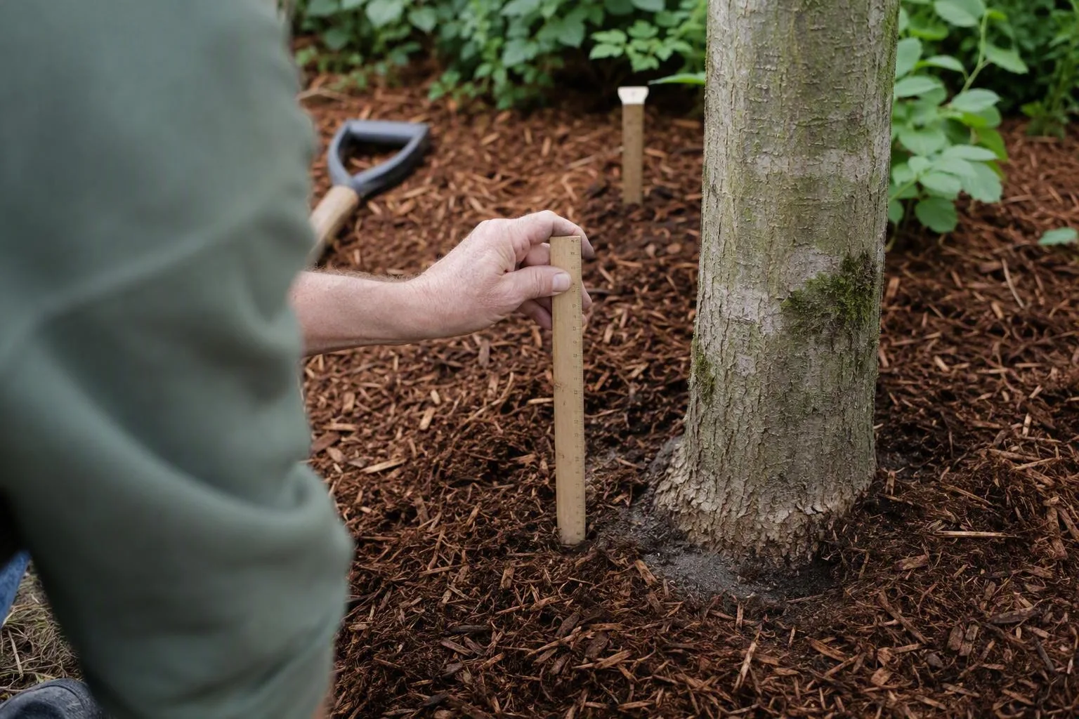 A hand checks mulch depth with a ruler beside a tree trunk, leaving a clear space around the bark.