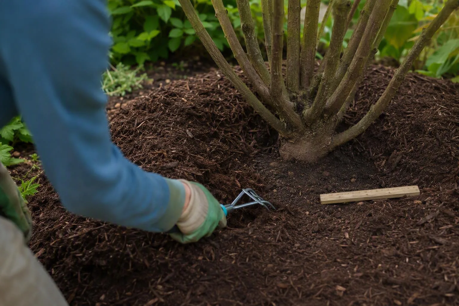 A hand pulls mulch away from a tree trunk to expose the root flare and leave a clear gap around it.