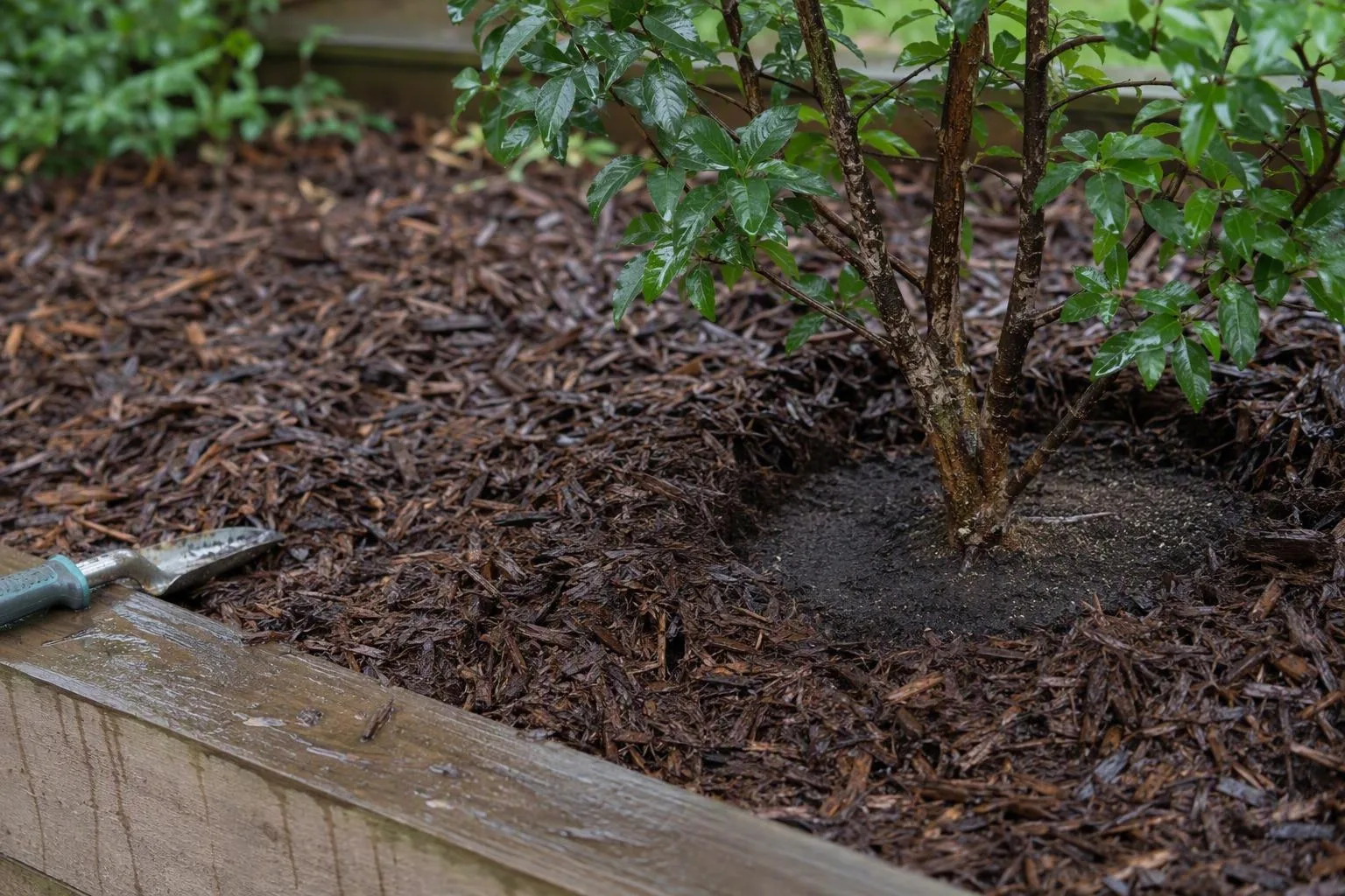 Rain has flattened the mulch ring, exposing a thin patch beside the plant that needs attention.