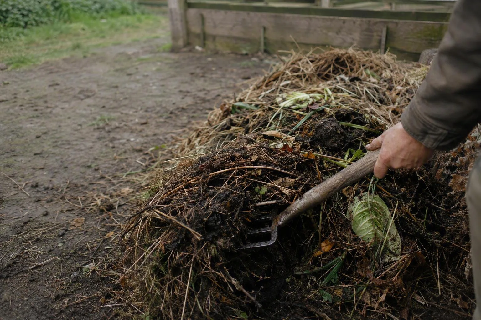 A gardener turns a layered compost pile, showing dry leaves, green scraps, moisture, and air spaces in balance.